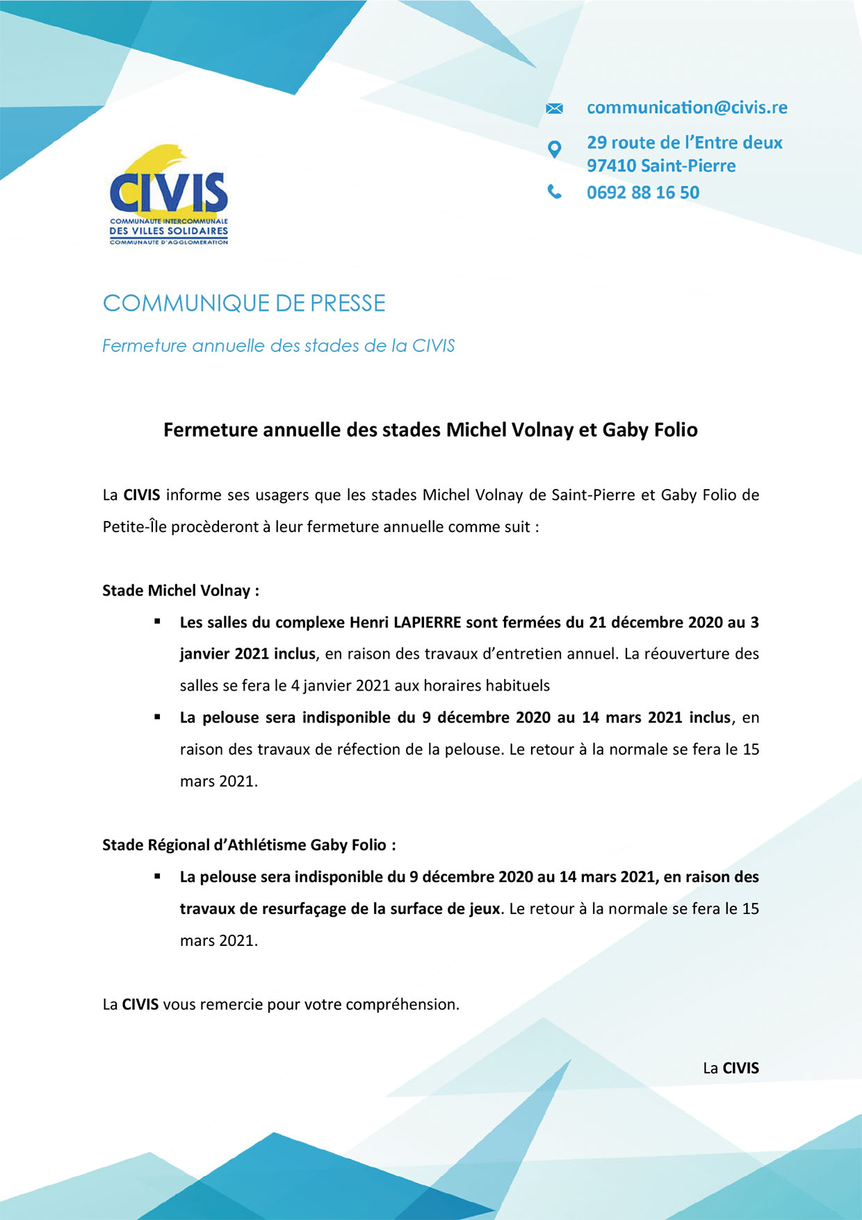 Communiqué de presse - civis fermeture annuelle du stade Gaby Folio
