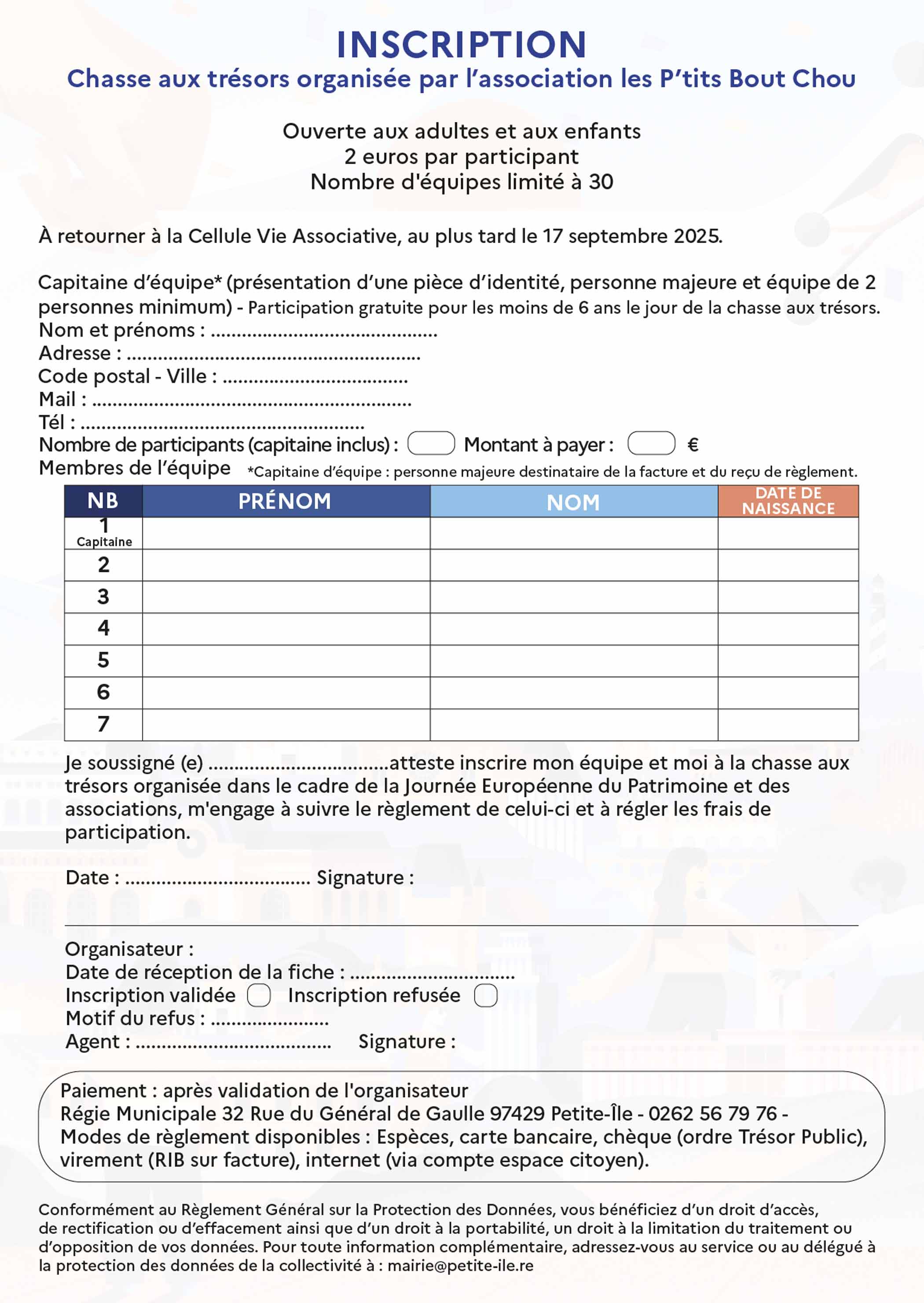 Fiche d'inscription verso - chasse aux trésors