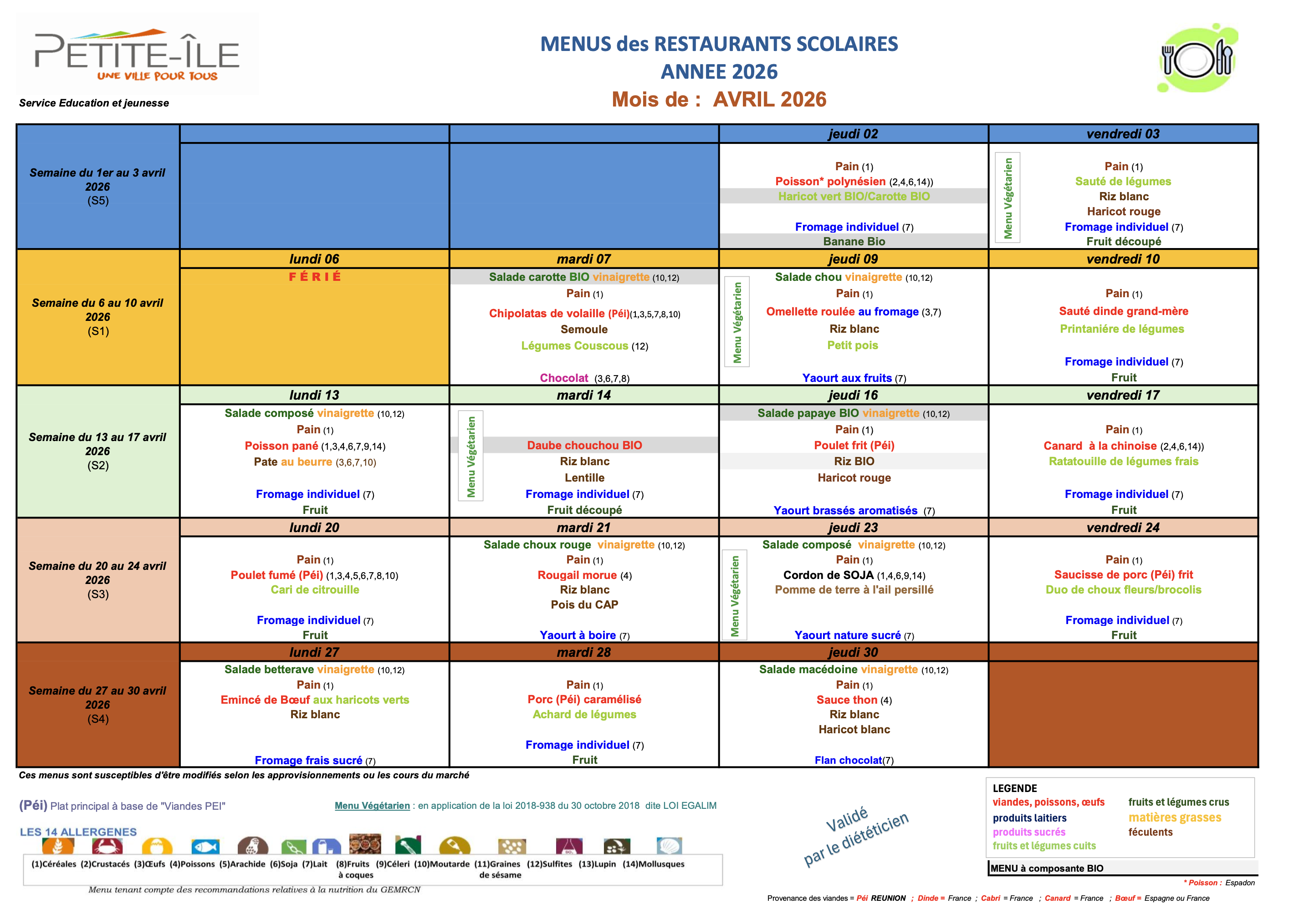 Menu cantine avril 2026