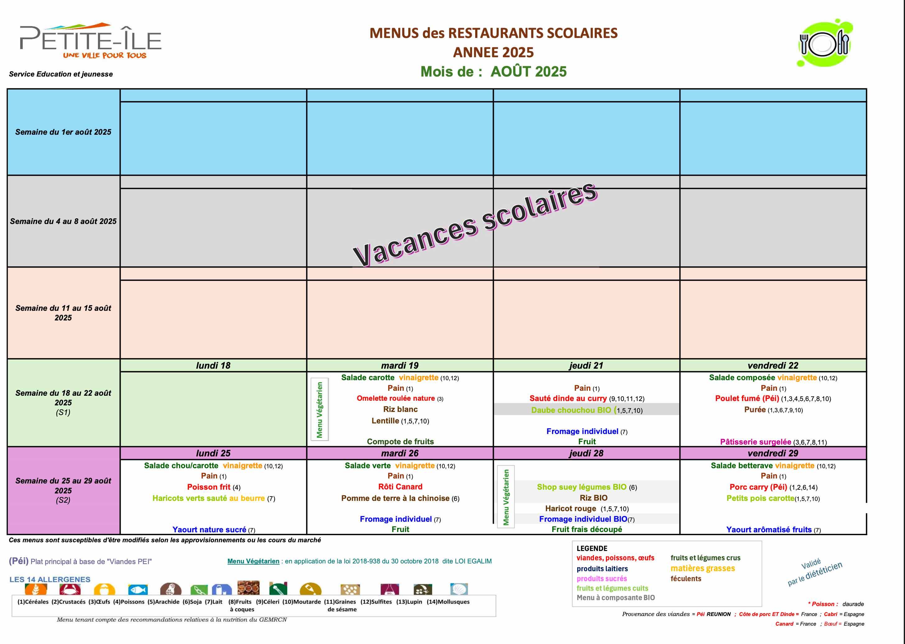Menu cantine août 2025