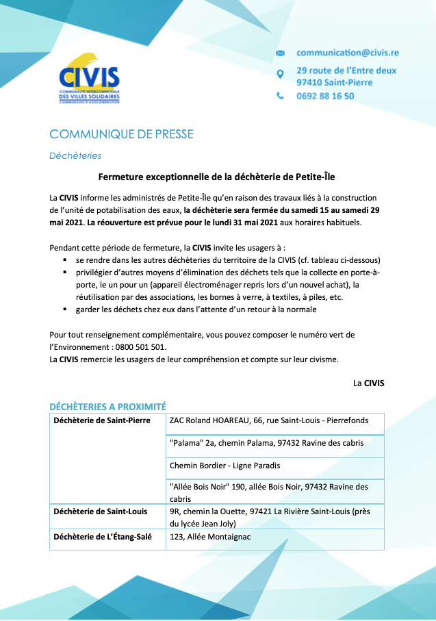 CIVIS Communiqué_Fermeture déchèterie PI