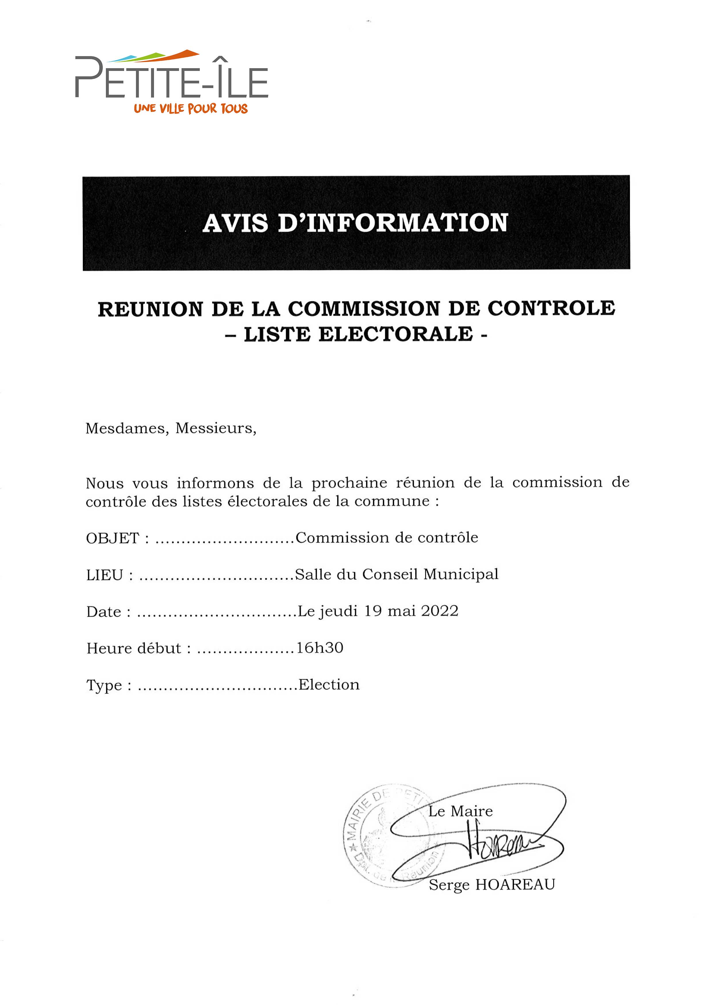 Réunion de la commission de contrôle - Liste électorale