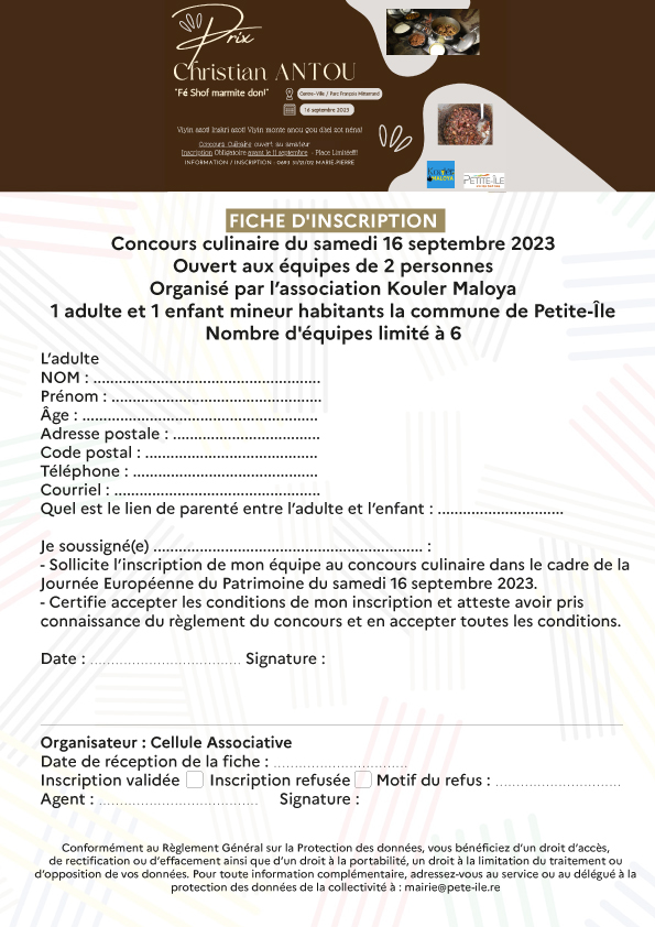 Fiche d'inscription concours culinaire prix Christian Antou organisé par l'association Kouler Maloya