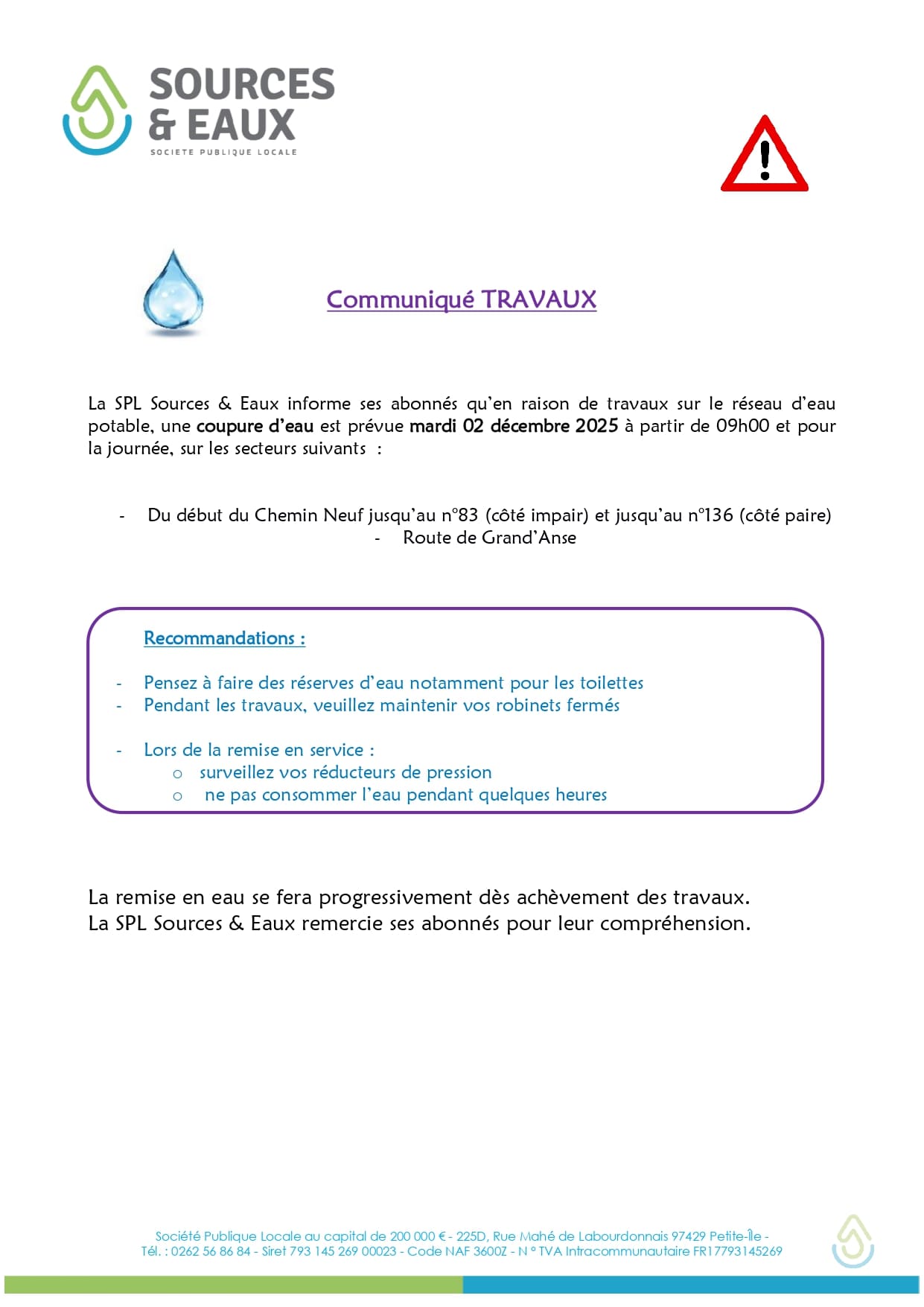 communiqué SPL Sources et Eaux