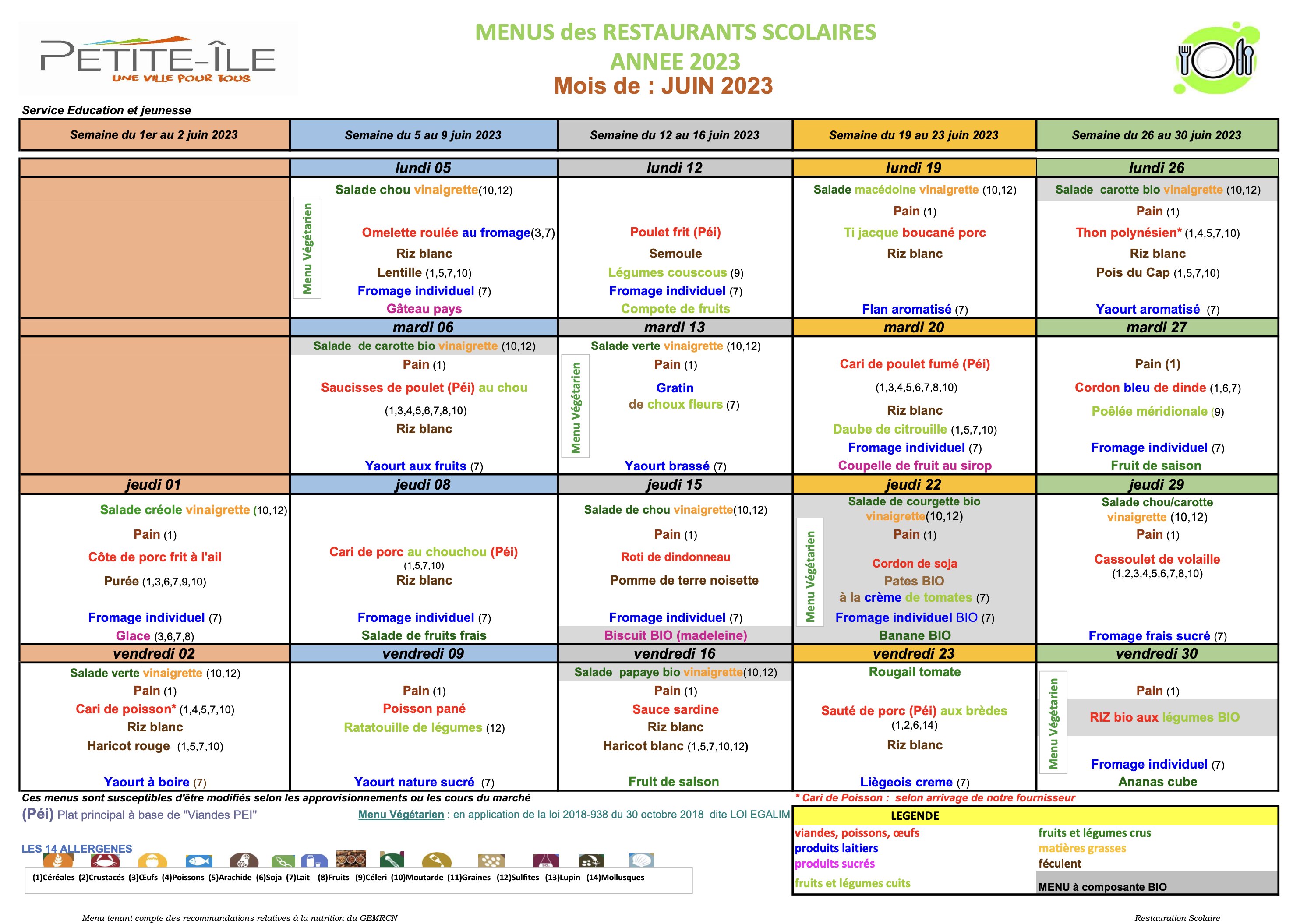 Menu cantine juin 2023