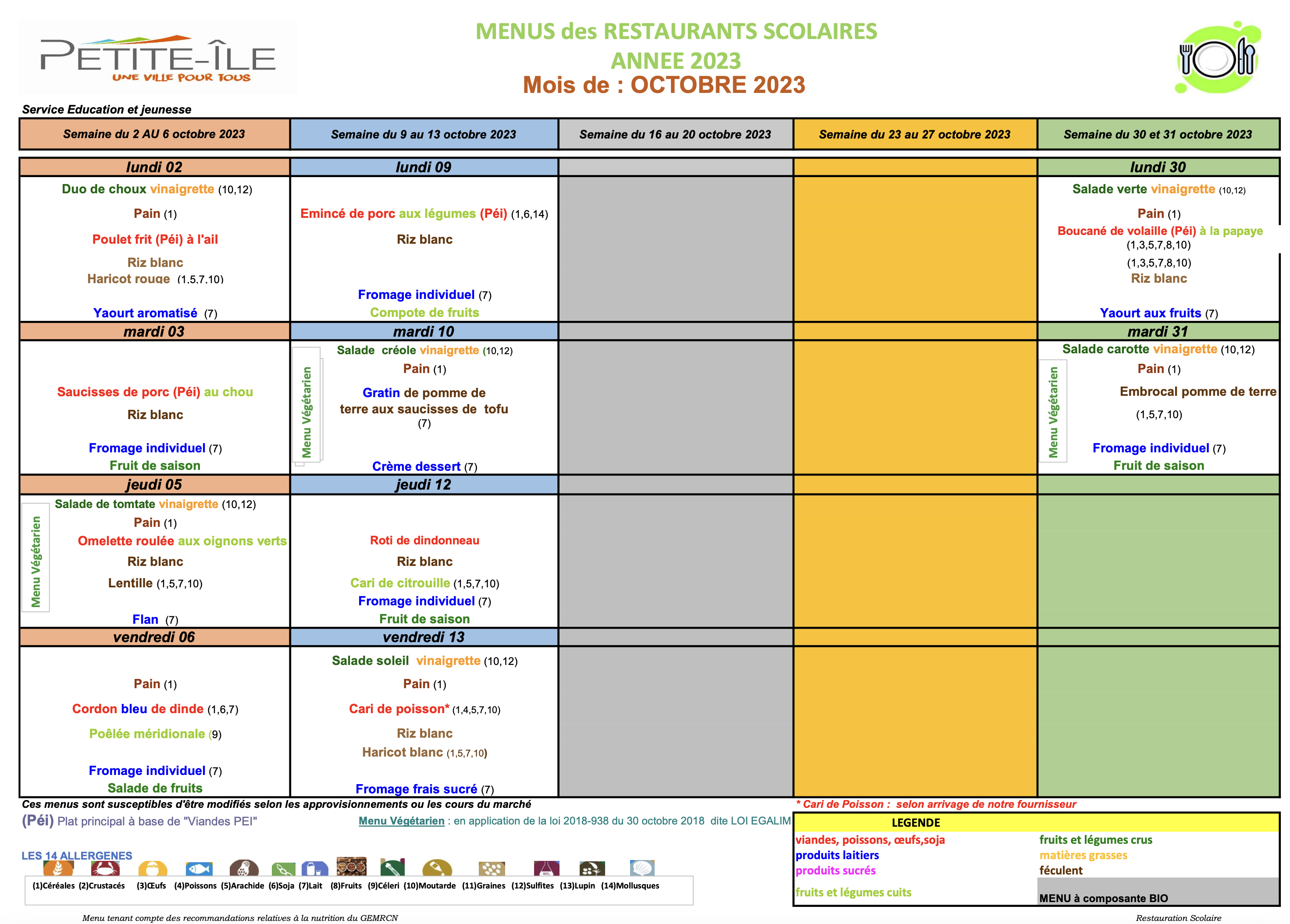 Menu octobre 2023