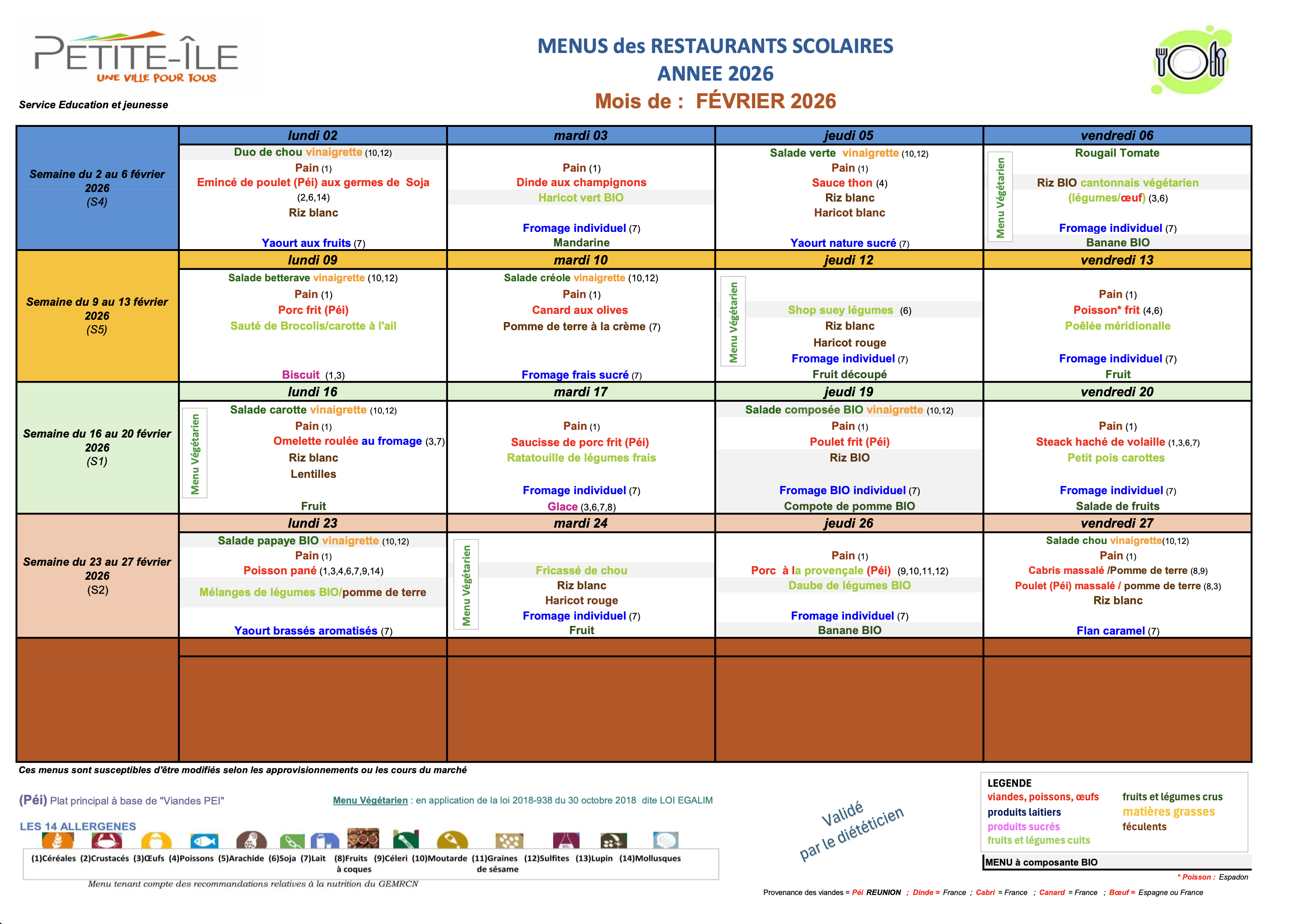 Menus cantine février 2026