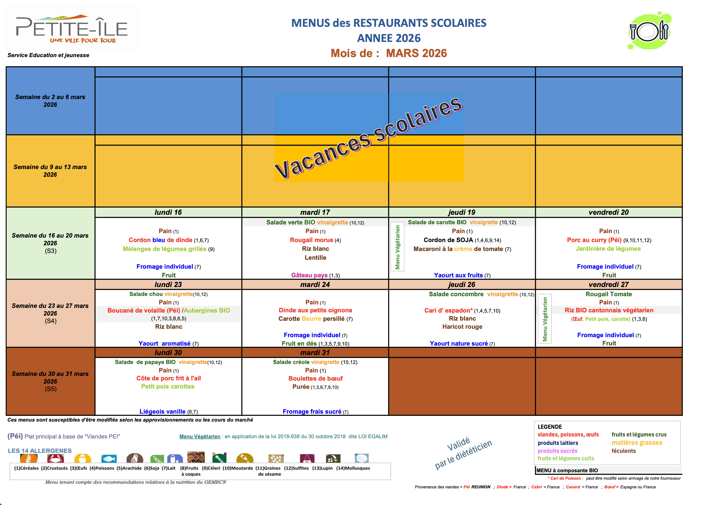 Menu cantine mars 2026