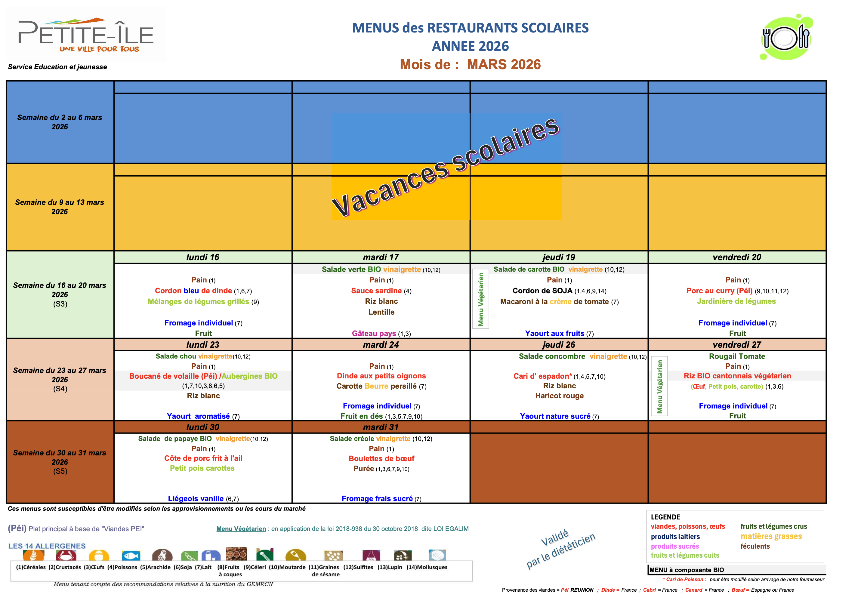 Menu cantine mars 2026