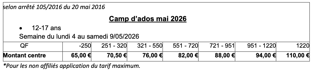 Tableau QF camp d'ados mai 2026
