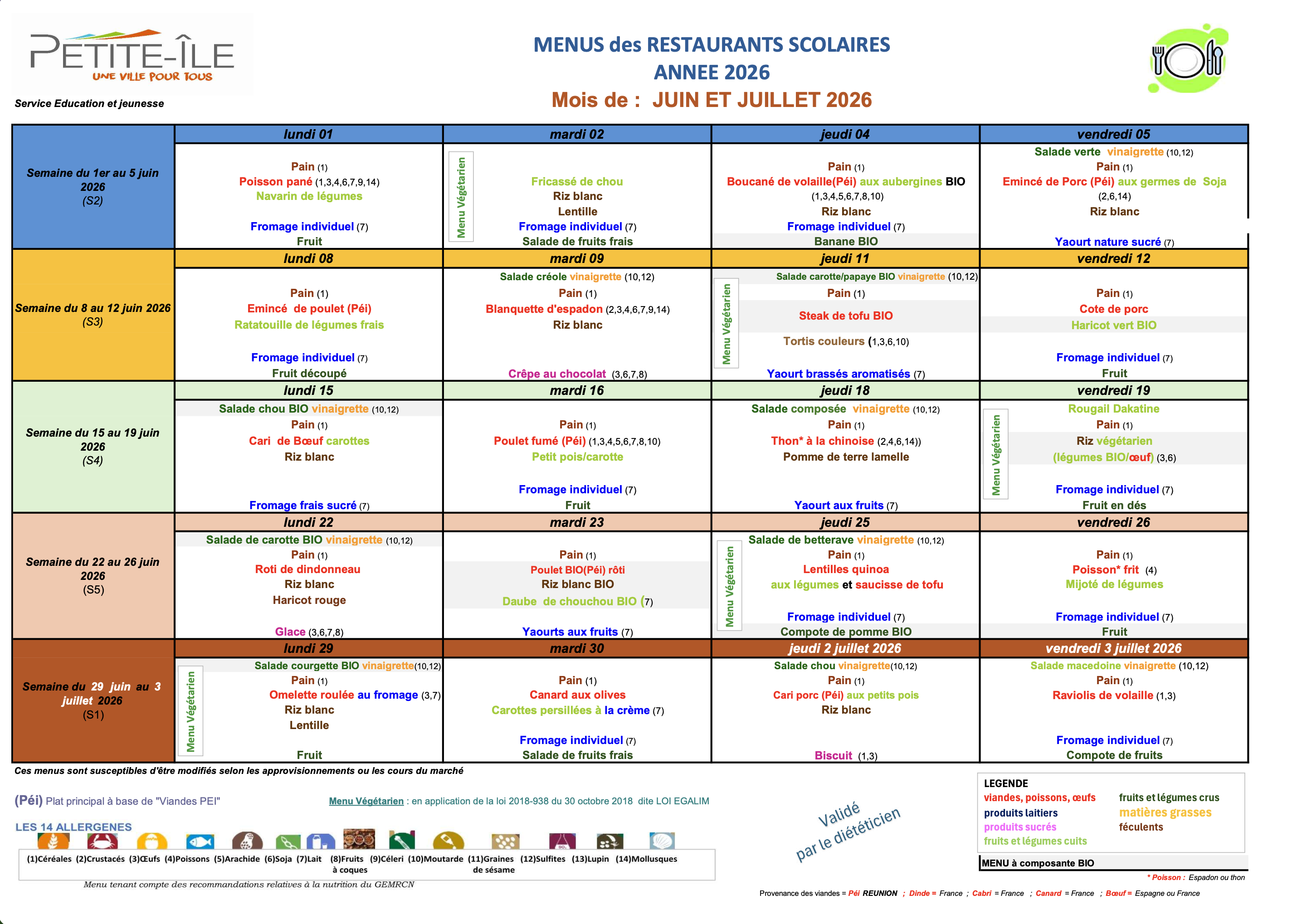 Menu cantine juin/juillet 2026