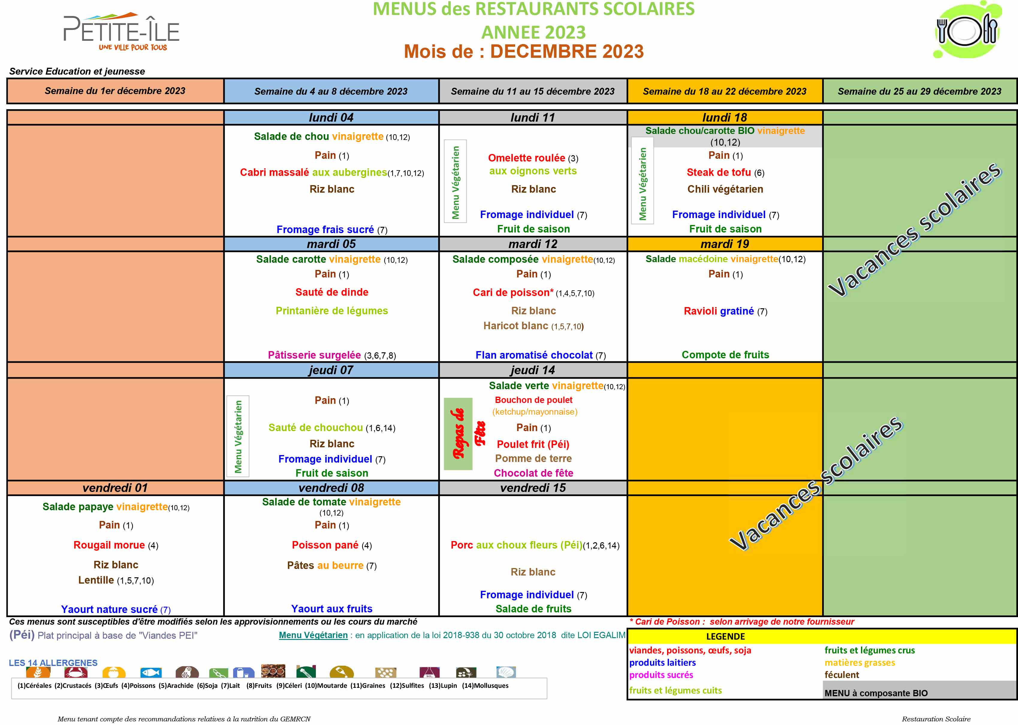 Menu cantine décembre 2023