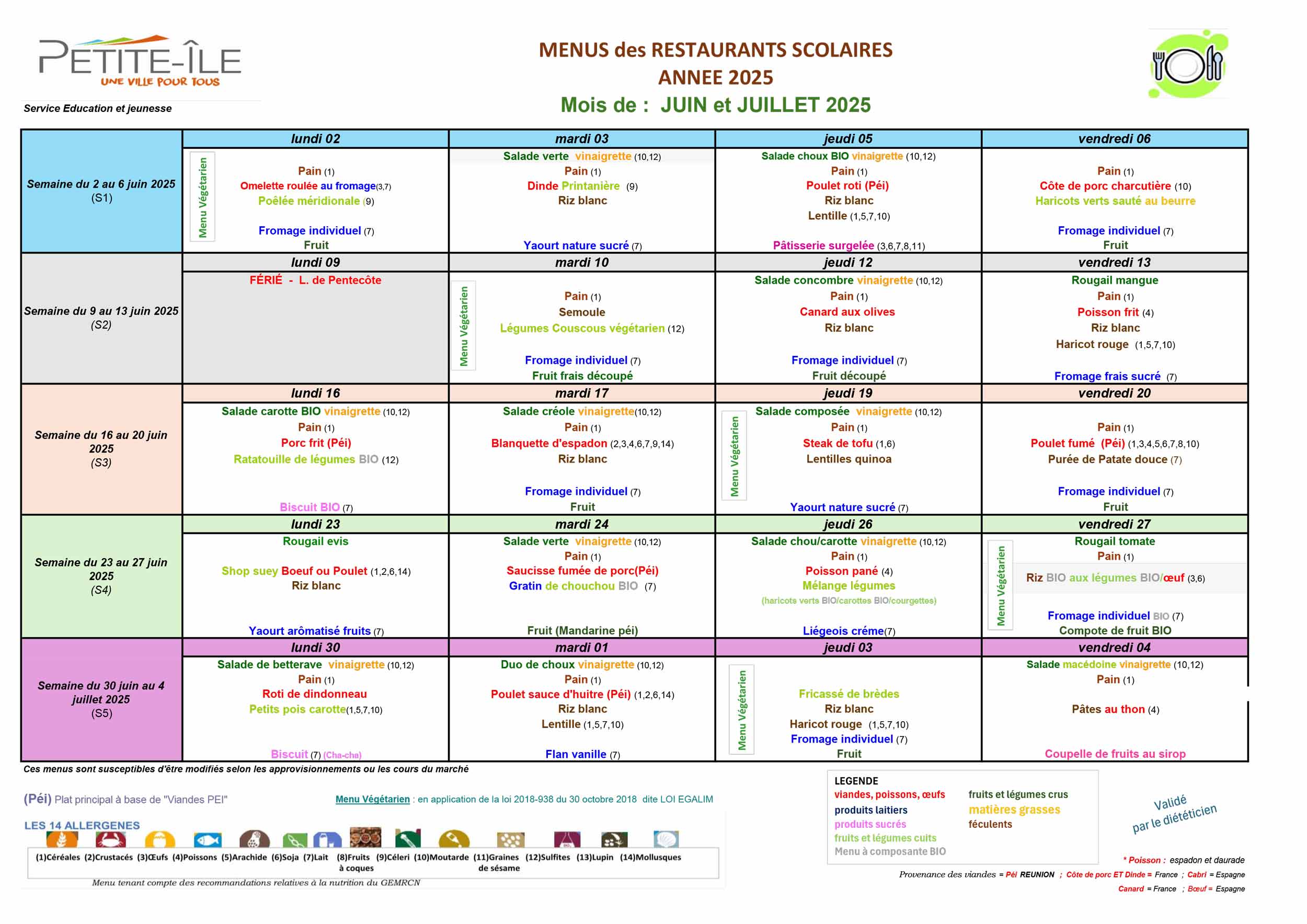 Menu cantine juin 2025