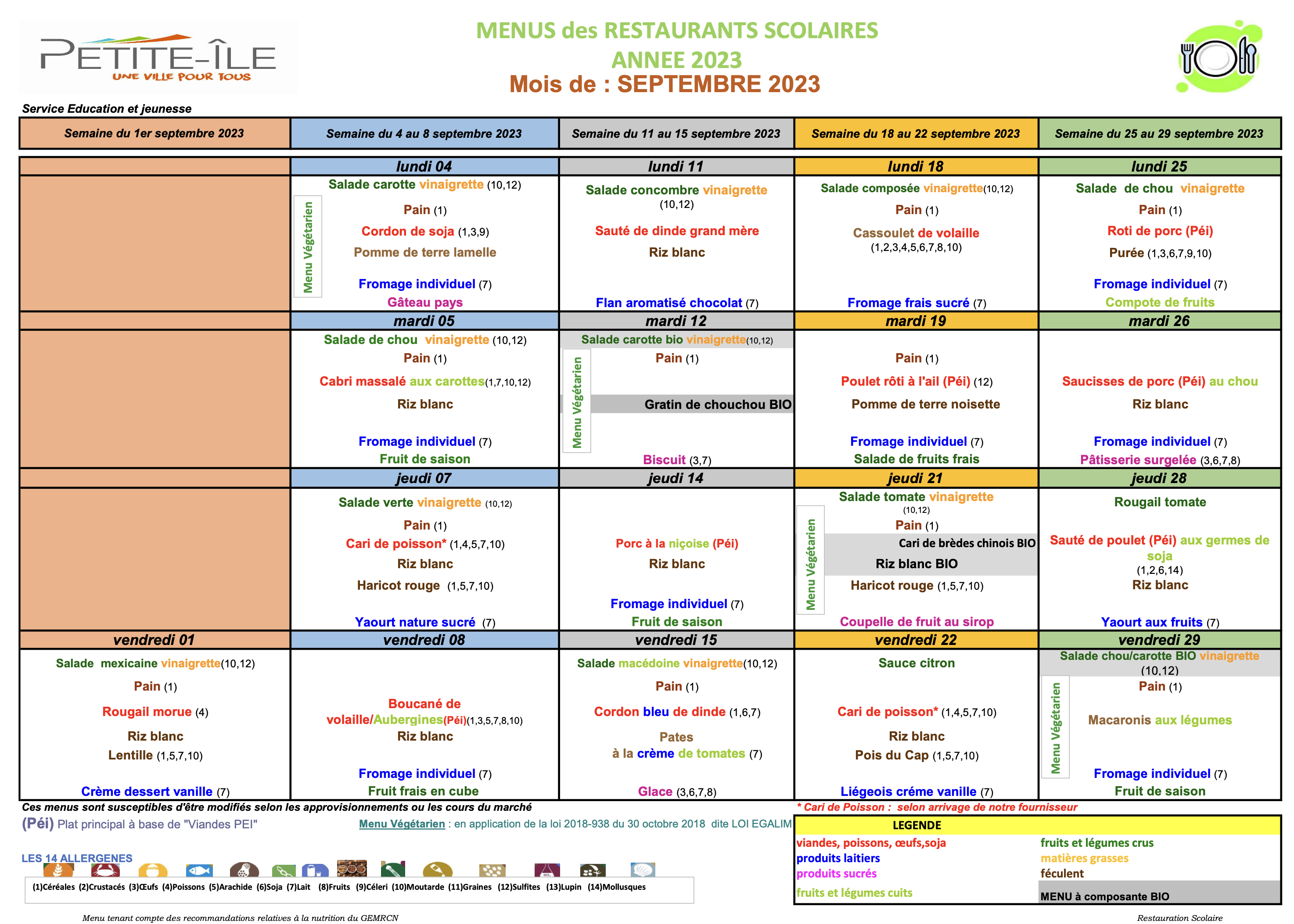Menu du mois de Septembre 2023