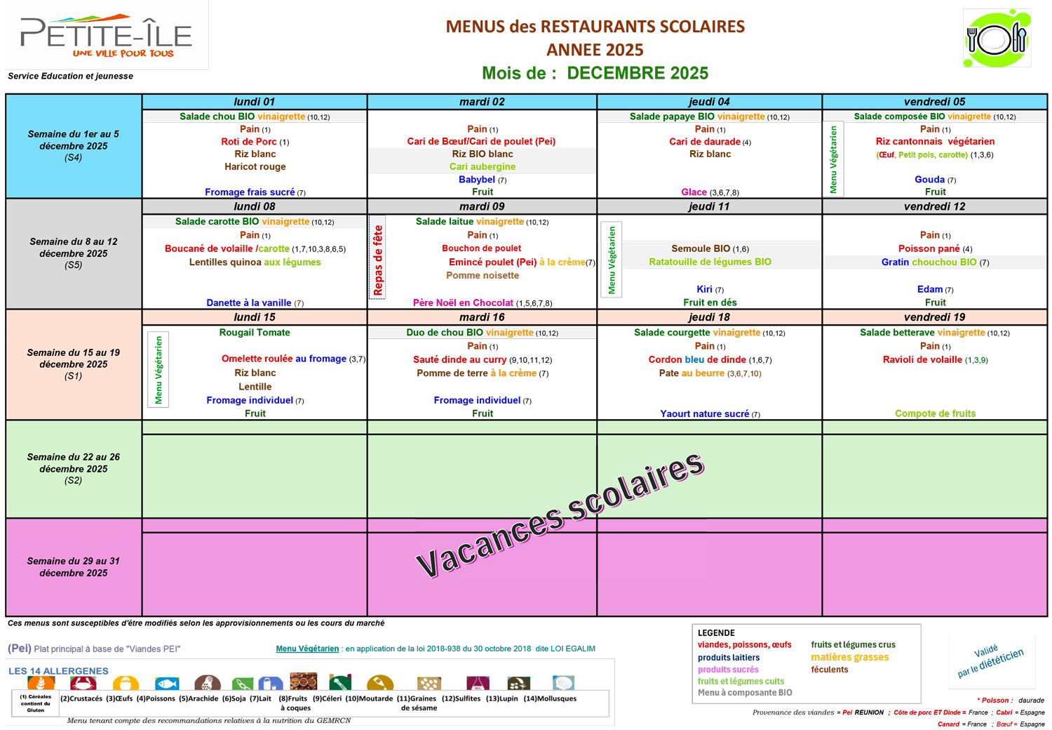 Menu cantine décembre