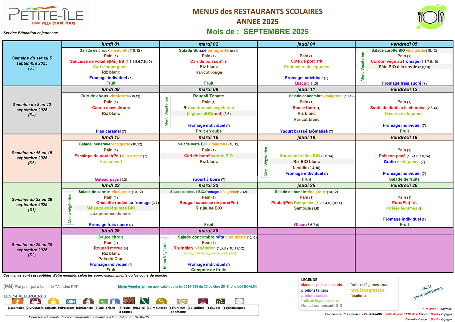 Menu cantine septembre 2025