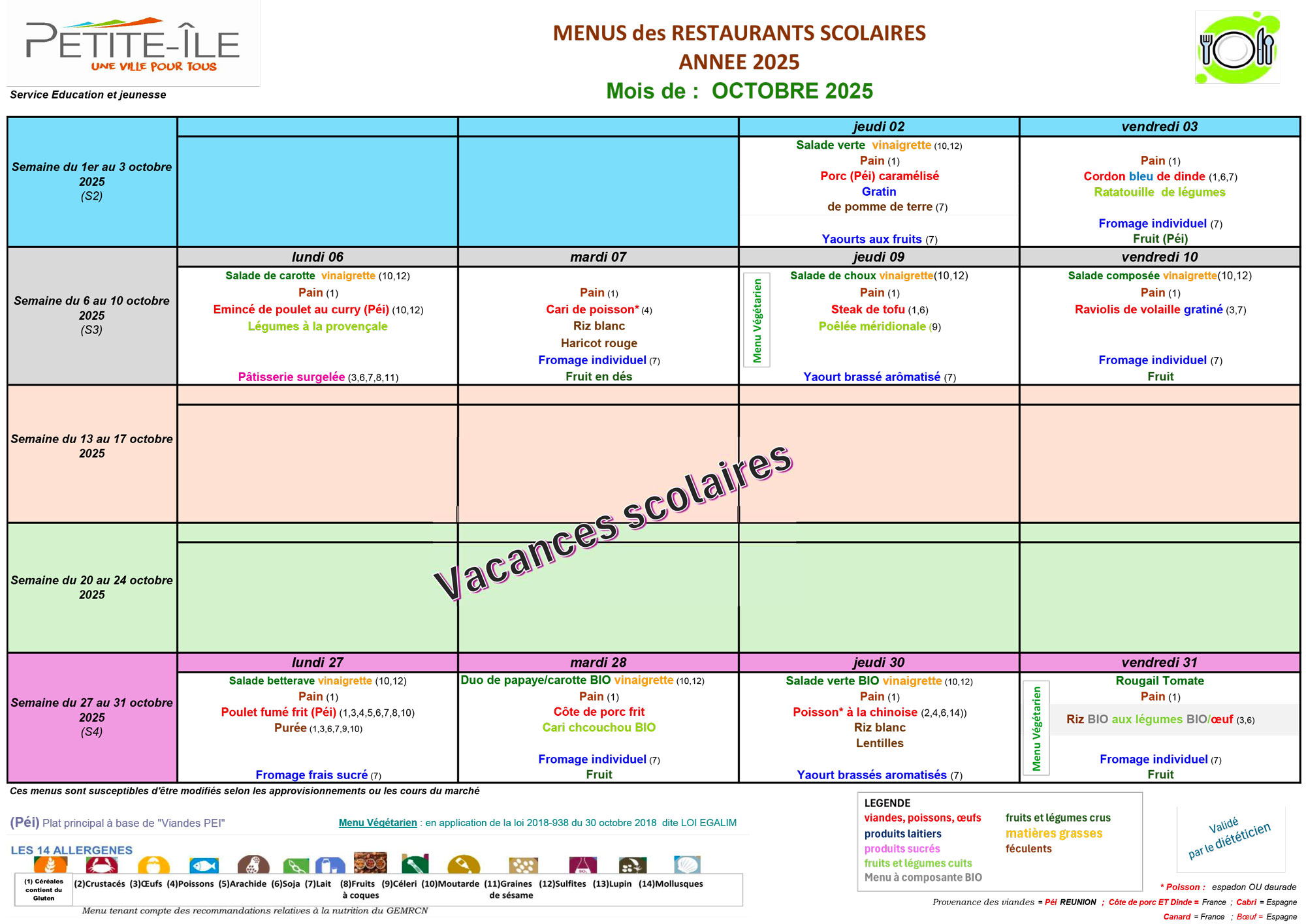 Menu cantine octobre 2025