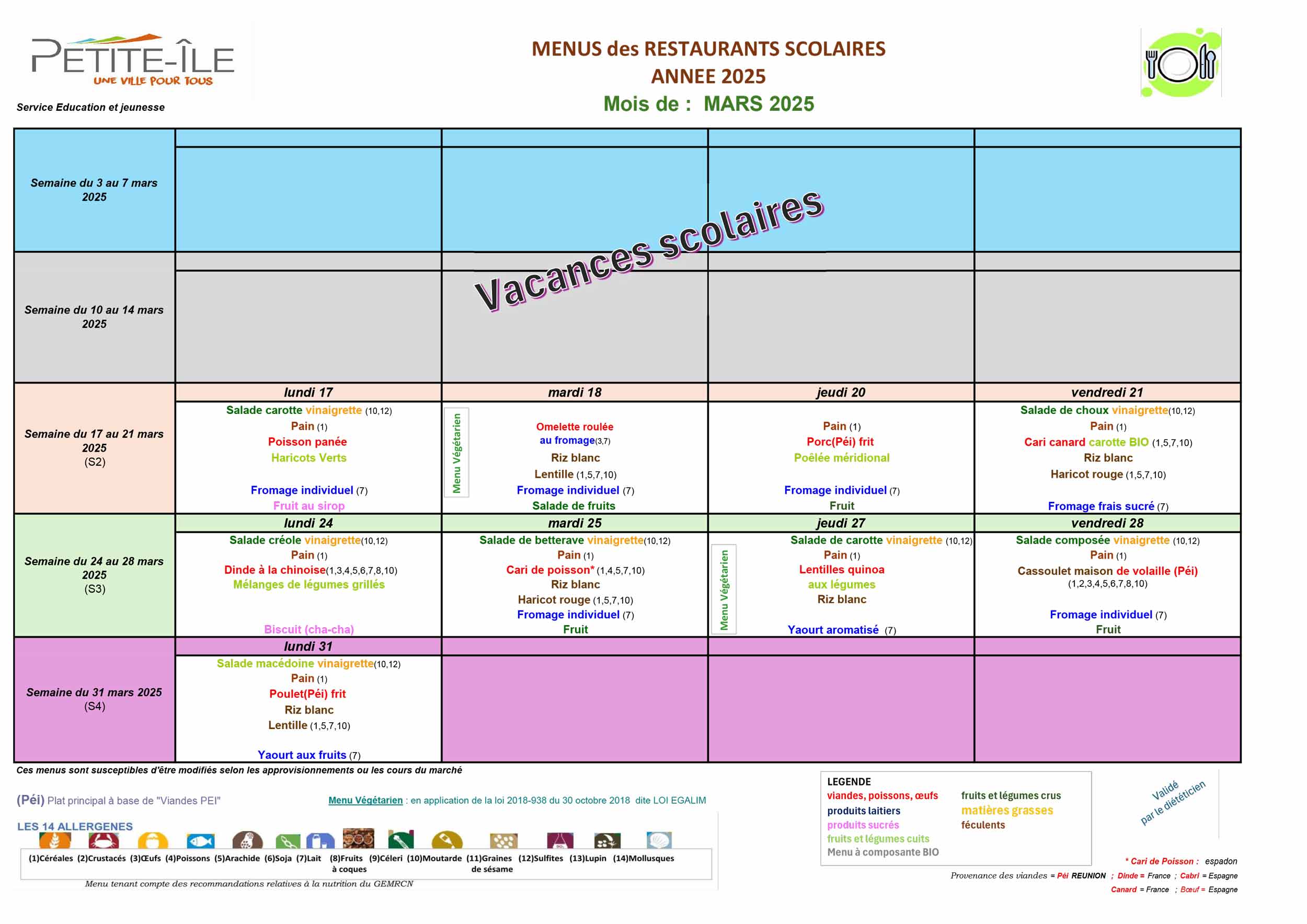 Menu cantine mars 2025