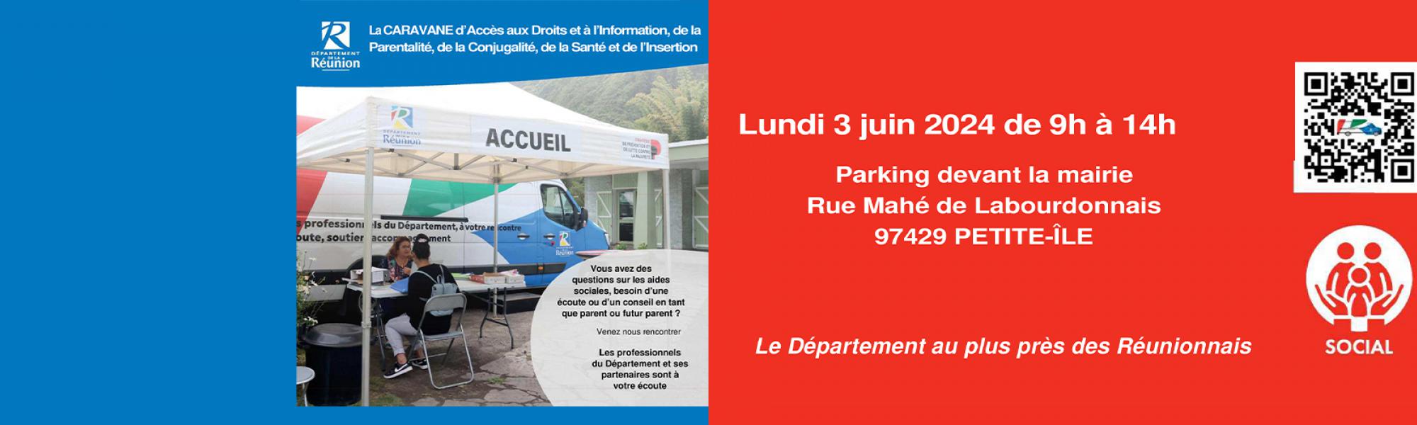 Bandeau la caravane d'accès aux droits et à l'information, de la parentalité, de la conjugalité, de la santé et de l'insertion