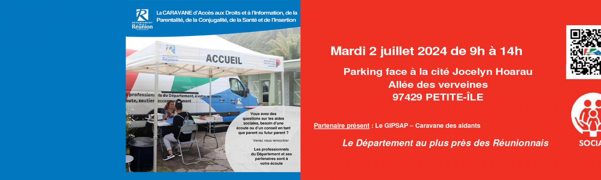 Bandeau de laa caravane d'accès aux droits et à l'information, de la parentalité, de la conjugalité, de la santé et de l'insertion